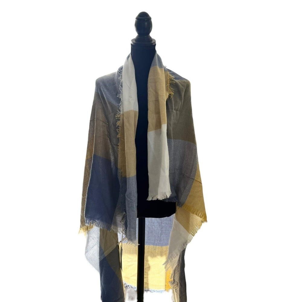 Macchia Di Ruggine Woman One Size Plaid Blue Mustard Fringe Shawl Scarf